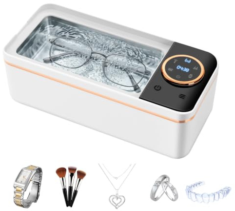 Nettoyeur Ultrasons, 450 ml Ultrason Lunettes, 55kHz Nettoyeur de Bijoux à Ultrasons avec 6 Réglages de Temps, Nettoyage en Profondeur des Dentiers, Lunettes, Pièces de Monnaie, Bijoux et Montres