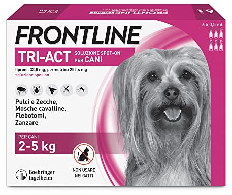 Frontline Triact, 6 Pipette, Cane XS (2-5Kg), Antiparassitario Per Cani E Cuccioli Di Lunga Durata, Protegge Il Cane Da Pulci, Zecche, Zanzare, Pappataci E Leishmaniosi, Antipulci 6 Pipette