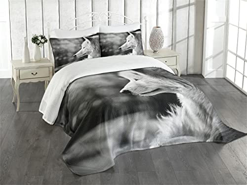 ABAKUHAUS Wolf Tagesdecke Set, Wolf-Porträt, Set mit Kissenbezügen Moderne Designs, für Doppelbetten 220 x 220 cm, Beiner Grau
