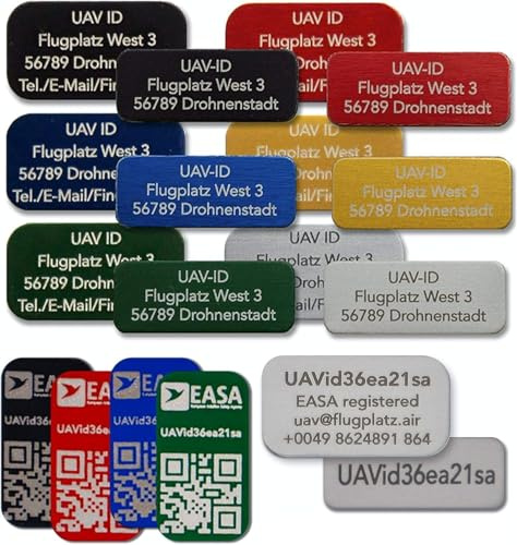 UAV-ID - matrícula de drone en 20x8mm o 20x11mm, aluminio, código QR opcional, grabado con láser, e-ID, número de registro, insignias, pegatinas, hasta 4 líneas