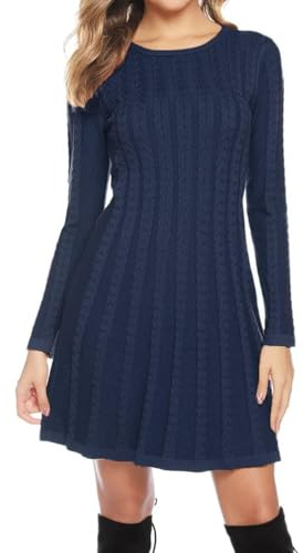 Gyabnw Vestido de Invierno Mujer Suéter Elegante Cuello Redondo Vestido de Fiesta Casual Manga Larga Confortable y Cálido