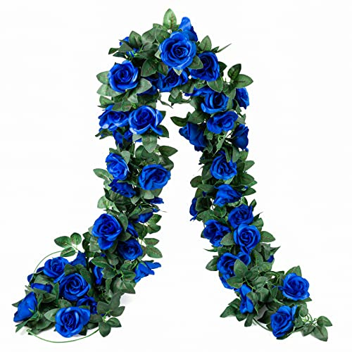 OWPFJG 2 Pack (16FT) Artificial Rose Vine Fake Flowers Garland (Royal Blue)
