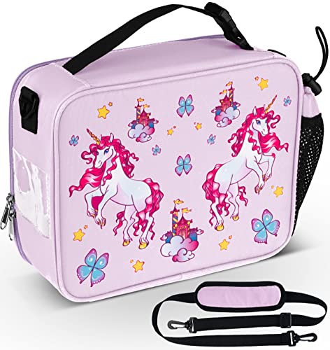 HeavenlyUnicorns Insulated Lilac Unicorn Kids Lunch Bag for Girls Child with Bottle Holder, Carry Handle & Shoulder Strap, Kids Lunch Box Snack Box Tote Cooler Bag for School Picnic Outdoor or Work
