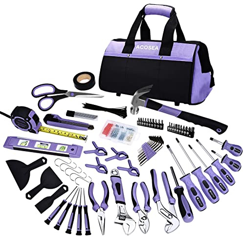 ACOSEA Violettes Werkzeugset, 223-teiliges Werkzeugset für Damen, Werkzeugset mit 33 cm breiter Öffnung, violette Werkzeugtasche, das grundlegende Werkzeugset ist perfekt für die Wartung zu Hause