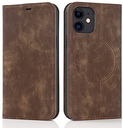 QLTYPRI Wallet Case for iPhone 12/iPhone 12 Pro (6.1 inch) Compatible with Magsafe Charger, Magnetic Flip Folio PU Leather Phone Case with RFID Blocking Card Slots Kickstand Shockproof Cover-Brown