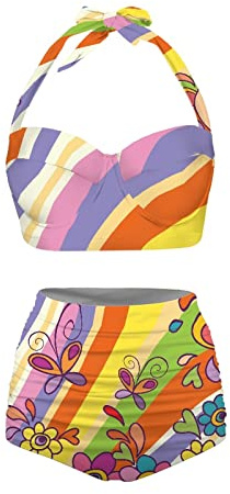 Jndtueit Butterfly Damen Retro Geraffte Rüschen Hohe Taille Bikini Set, Flag Tankini Badeanzüge Bauchkontrolle Bademode, XL