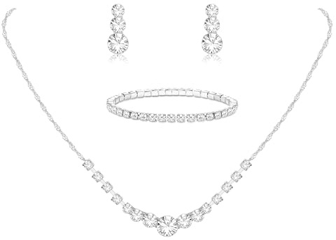 Diamday Silver Jewelry Set for Women Rhinestone Crystal Necklace Drop Earrings Link Bangle Bracelet Bridal Wedding Jewelry Sets for Brides Bridemaid Prom Costume Accessories 1