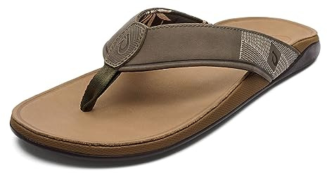 OluKai Tuahine Men's Waterproof Leather Sandals, Versatile Beach Flip Flops, Arch Support & Comfort Fit, Lightweight & Durable, Enhanced Grip & Traction, Hunter/Golden Sand, 10