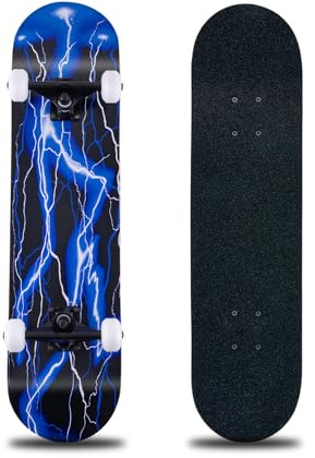 CLYCTIP Skateboard complet de 78,7 x 20,3 cm, planche en bois d'érable à 8 couches, double coup de pied, planche à roulettes standard pour enfants, adolescents, adultes, débutants (bleu)