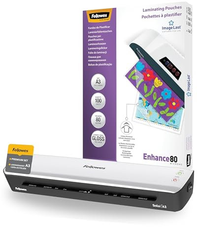Fellowes Laminiergerät A3 Sola und Laminierfolien A3 Premium Bundle für Zuhause & Homeoffice bis 125 Mikron Stärke, staufrei, Laminiergerät zum Laminieren von Fotos, Dokumenten, Speisekarten, Rezepten