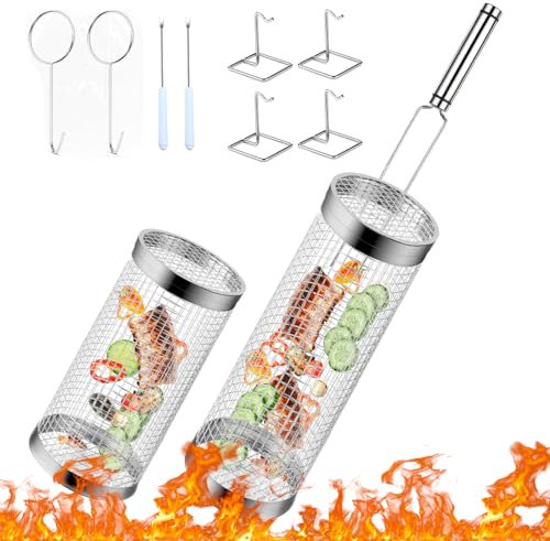 XPJBKC Zylindrischer Grillkorb, 2Pcs Grillkorb Zylindrisch mit Gabel & Haken & Klammern, Grillkorb Rauchnetz, Edelstahl Grillnetzrohr, Grillzubehör für Fleisch Fisch Gemüse, Pommes (20/30 cm)