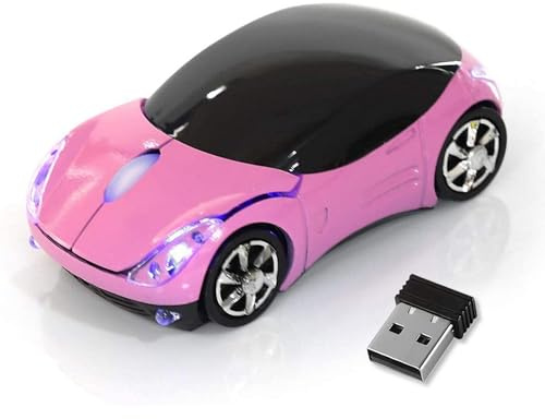 HuGuWdy Pink Wireless Car Mouse - 2.4G Wireless with USB Receiver, Optical Mouse for PC, Laptop, Tablet - Win XP/Vista/7/ME/2000/Mac OS Pink Mouse for Her for Christmas