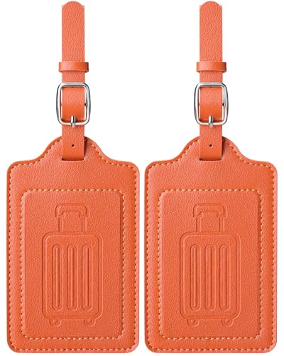 Teskyer 2 Piezas Identificador Maletas Viaje, Etiqueta Maleta Viaje, Etiquetas para Maletas de Viaje, Duradero, Notable, Accesorios de Viaje, Cuero de PU, Naranja