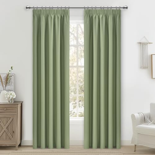 MRTREES Green Pencil Pleat Blackout Thermal Curtains for Bedroom Living Room, Room Divider Curtains Multiple Hanging Methods, 2 Panels 117x228 CM 46x90 Inch Sage Green