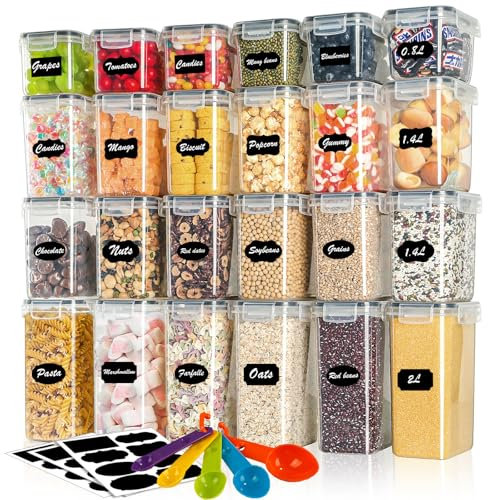 Withosent Vorratsdosen Luftdicht 24er Set, Aufbewahrungsbox Küche mit Deckel aus Plastik, Vorratsbehälter Behälter Organizer für Mehl Müsli Cornflakes, Mit Etikett und Löffel (2L 1.6L 0.8L)