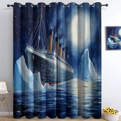 Rideaux Salon Moderne Peinture À l'huile Iceberg Titanic Rideau Isolant Thermique Salon Chambre Enfant À Oeillets 3D Acoustiques Draperies Intérieurs Rideau Occultant L 85 X H 200 cm 2 Panneaux