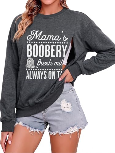 MYHALF Maternity Nursing Sweatshirts for Women Friendly Zip Breastfeeding Pullover Top Mama's Boobery Print Clothes Dark Grey