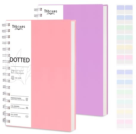 Thboxes 2 Pack A5 Dotted Notebook, 400 Pages A5 Spiral Notebook Bullet Dot Journal, 100GSM Thick Paper for Women Men Office School, 24 Labels, 14.5 X 21 cm
