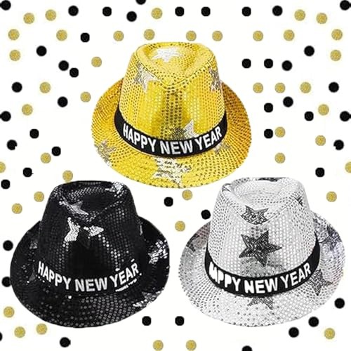 HEREER 3 Stück Neujahr Silvester Partyhut Gold Schwarz Silvester Partyhut Frohes Neues Jahr Fedora hüte Dekorationen für Männer und Frauen Silvesterpartydeko 2026
