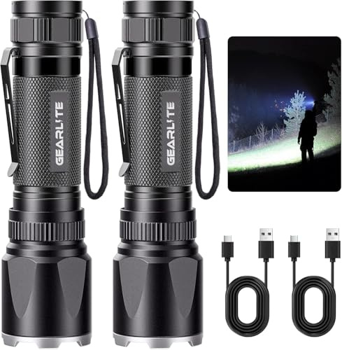 GEARLITE LED Torch Rechargeable, 3500LM Torches LED Super Bright with Clip Adjustable Focus, 3 Lighting Modes Waterproof Small Torch for Power Cuts, Emergency, Camping, Hiking, Outdoor