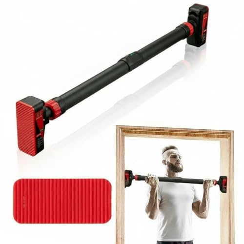 Garvee Pull Up Bar for Doorway - Adjustable No Screws Chin Up Bar for Home Gym, 440 LBS Max Load, with Level Meter & Anti-Slip Design for Strength Training,Red