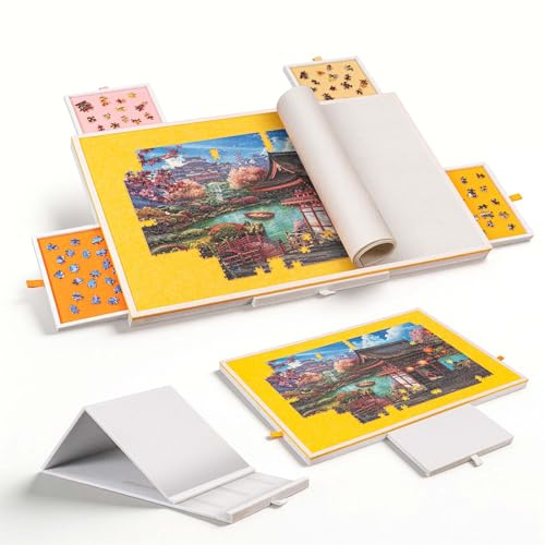 Tektalk Jigsaw Puzzle Table with Integrated Adjustable Stand/Bracket, 3-Tilting-Angle Super Lightweight Felt Puzzle Plateau Board with Cover & 4 Sorting Drawers, for Up to 1500 Pieces - Orange
