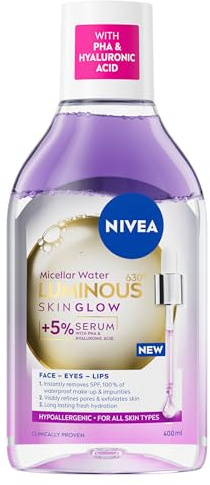 NIVEA LUMINOUS630 Skin Glow Serum Infused Micellar Water (400ml), Makeup Remover For Waterproof Makeup, Serum-Infused Face Cleanser For Glowing Skin, Exfoliates And Evens Complexion