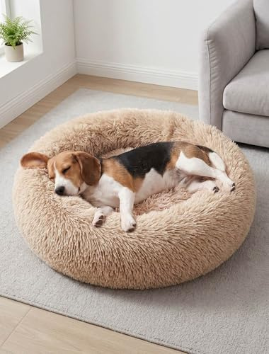 Moistu Large Dog Bed Donut Washable - 20cm Extra Thick Padded Base Plush Calming Bed Round Cat Cushion, Anti-Anxiety & Non-Slip Bottom - Soft Luxury Puppy Kennel Faux Fur Improved Sleep 70cm Diameter