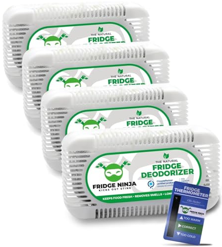 Fridge Ninja Fridge Deodoriser and Freshener - Unscented Natural Activated Charcoal, Lasts Up to 12 Months, Odour Eliminator, Smell Remover & Scent Absorber, Fridge Accessories for Freshness - 4 Pack