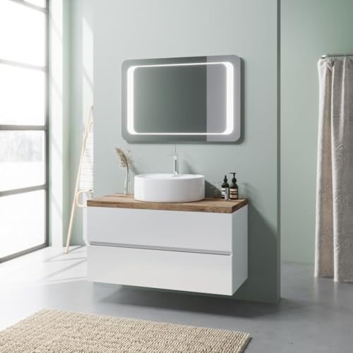 Kiamami Valentina - Armoire de Salle de Bains Suspendue Blanche Brillante avec Plan de Travail en chêne de 100 cm, lavabo à Poser et Miroir LED