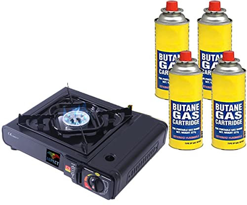 Aspect Camping Stove Portable With 4 Butane Gas Camp Kitchen Equipment Single Burner Outdoor/Indoor - Camping Stove with Automatic Ignition & Heat Control - Cooking Grill, Picnics, BBQ – Black