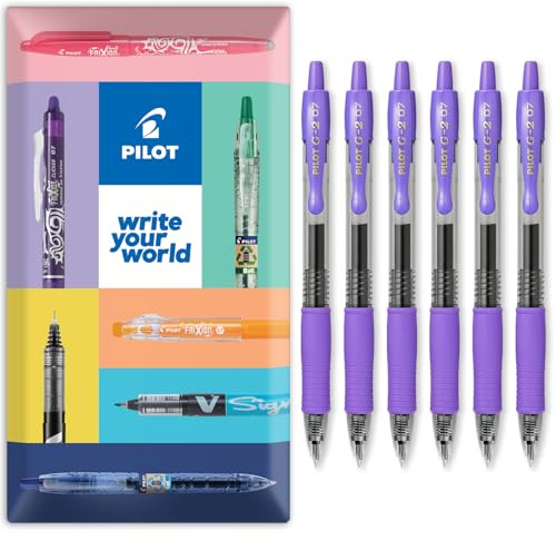PILOT G-2 - Penna a sfera retrattile con inchiostro gel, 0,7 mm, confezione da 6 pezzi, con busta regalo, inchiostro viola