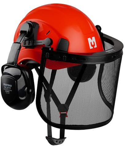 Mustbau Casque de Sécurité pour Tronçonneuse, Casque de Protection avec Coquilles Antibruit et Visière en Maille, 53 à 63cm Tour de Tête Réglable Convient pour Forestière, Chantier, Travail - Rouge
