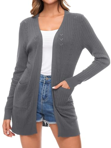 Famrrifuu Cardigan Donna Lungo con Tasche Cotone Leggero Maniche Lunghe Aperto Giacca Elegante Cardigan Maglia,Grigio,M
