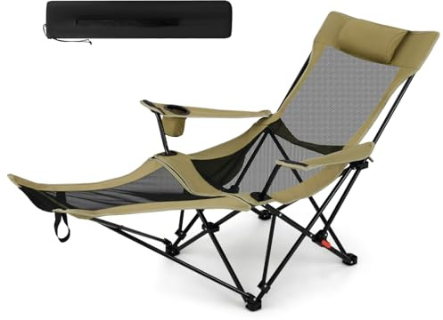 TANGZON Folding Camping Chair, Reclining Camp Chair with Footrest | Adjustable Backrest, Padded Pillow, Cup Holder, Side Pocket, Carry Bag, 150 kg Capacity, Khaki Outdoor Lounger for Travel