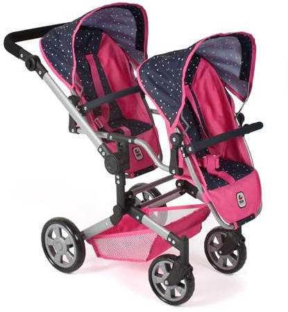 Bayer Chic 2000 - Passeggino per bambole Linus Duo, passeggino gemellare per bambini dai 4 agli 8 anni, passeggino tandem, coriandoli, rosa, 690-84