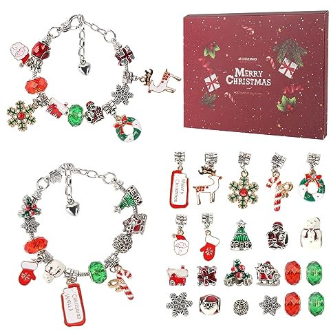 Adventskalender 2024 Mädchen Kinder, DIY Adventskalender Schmuck Mädchen Armband Basteln Geschenk 24 Tage, Weihnachtskalender Charm mit Armbänder für Kinder 4 5 6 7 8 9 10 11 12 Jahre (Rot)