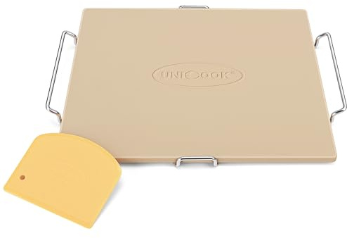 Unicook 40.6 x 35.6 cm Square Cordierite Pizza Stone with Rack, Oven Baking Stone for Bread, Pizza Pan for Baking Crispy Bread, Pie and Cookies, Includes Carry Rack and Dough Scraper
