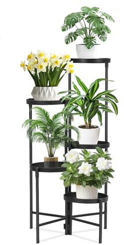 QWORK® Supporto per piante in metallo a 5 livelli, ripiano per piante da interno ed esterno, supporto per fiori a più livelli, nero