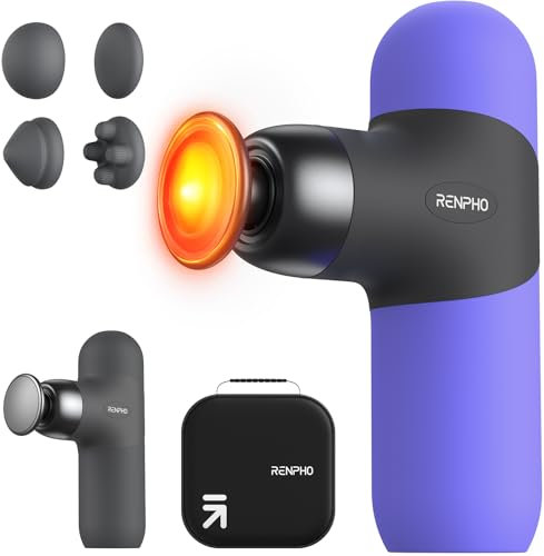 RENPHO Mini Thermal Massage Gun with Heat, Portable Fashion Deep Tissue Percussion Massager, 4 Intensities, 4 Heads, Travel Size with Carry Case, for Athletes, Purple