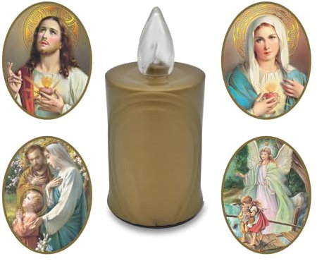 AROBA Bougie LED funéraire - Effet vacillant - Durée de combustion jusqu'à 120 jours - Commémorative réutilisable - Or avec choix de saints