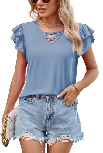 Famulily Womens Summer Tops V Neck Short Sleeve Blouse Longline Dressy Solid Colour Shirts for Ladies Blue XXL