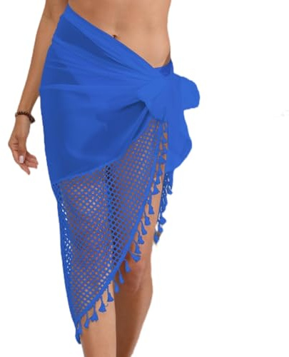 Ouruikia Sarong Pareo Damen Chiffon Fransen Strand Wrap Bikini Cover Up Aushöhlen Multifunktional Strandrock, Blau