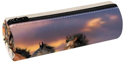 VAPOKF Trousse à crayons en cuir synthétique avec impression de poussière de cheval dans le désert - Trousse de maquillage pour femmes, filles, garçons, enfants, fournitures scolaires et de bureau