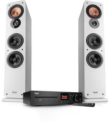 Teufel Ultima 40 Kombo 3 - Canal Hi-FI estéreo con Receptor de CD y Bluetooth, Wi-FI, LAN, Radio Dab+ FM, USB-C, HDMI ARC CEC, Sistema de 3 vías, Muchas Posibilidades de conexión (Blanco)