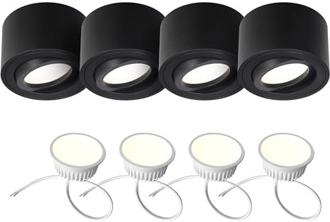 EDO Set med 4 Justerbar Takspot LED Rund ZALDA OV Svart, Extra platt och Svängbar Takspotlight – Ø80×50 mm, Spotlight LED INSERT 4,8W 4000K Neutral 500lm 230V, Taklampa för Vardagsrum, Sovrum