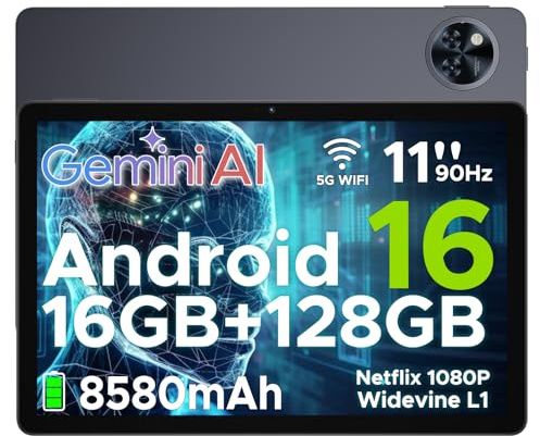 DOOGEE U11 Android 16 Tablets with Gemini AI, 11 Inch Tablet, 16GB+128GB/2TB, 8580mAh, 90 Hz Gaming Tablet, Octa Core Android Tablets, 5G WiFi | Widevine L1 | Face ID | 13MP+5MP | OTG | GPS - Gray
