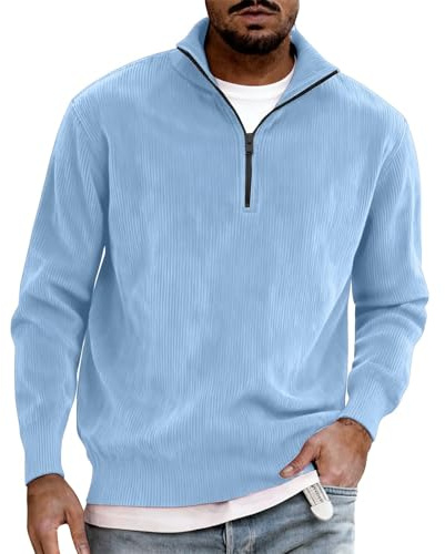 Pull d'affaires en velours côtelé pour homme, sweat-shirt à manches longues sans capuche avec col demi-fermeture éclair, doux et confortable à col montant
