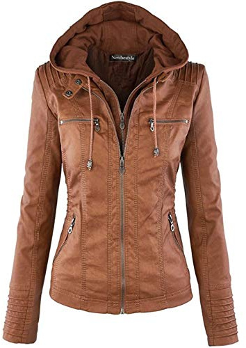 Newbestyle Faux Leather Jacket for Women Hooded Moto Biker Jacket Full-zip Long Sleeve Outwear Tops Brown S