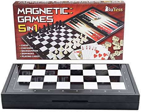 5 in 1 Magnetic Chess Checkers Dominoes Backgammon and Cards Set, Mini Travel Size Multi Board Games
